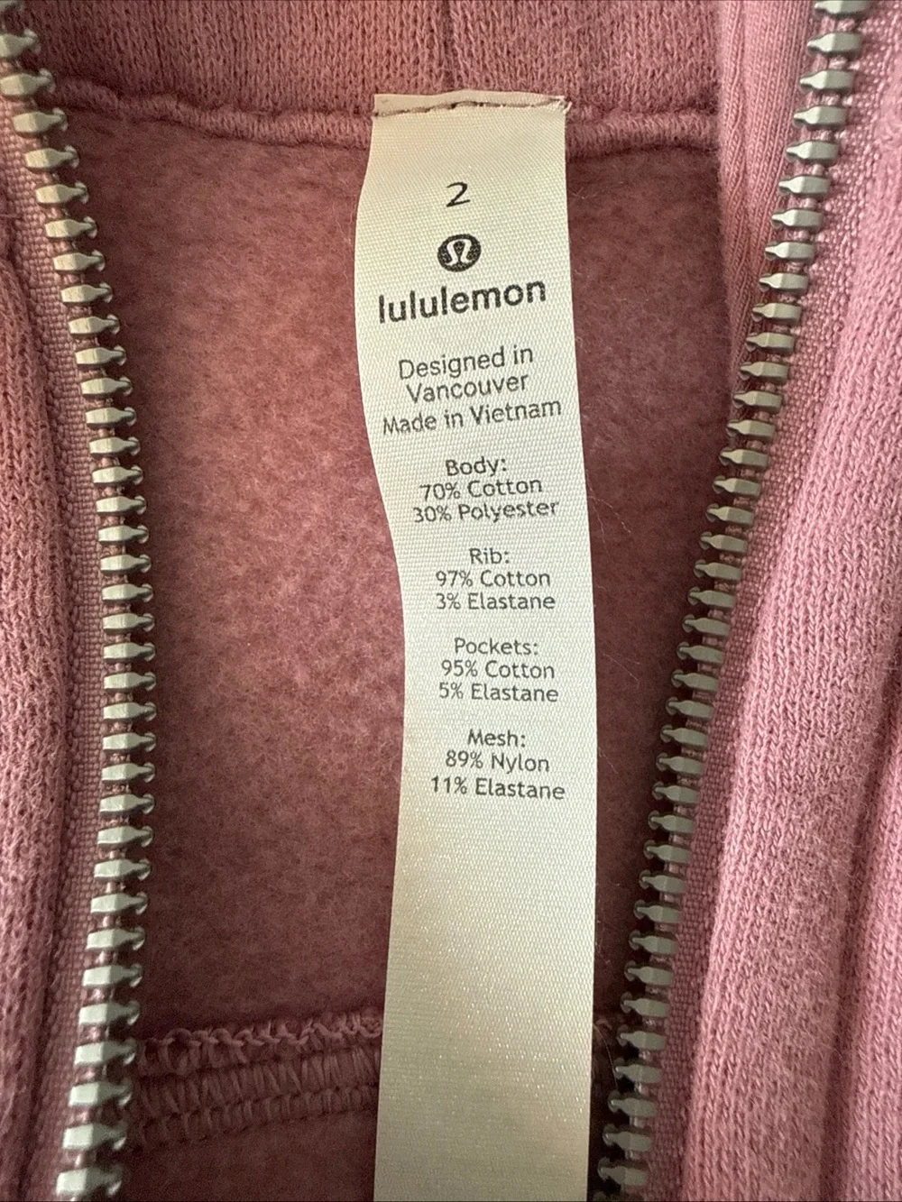 Lululemon Scuba Full Zip Hoodie Size 2 Powder Pink Cotton Jacket Pockets